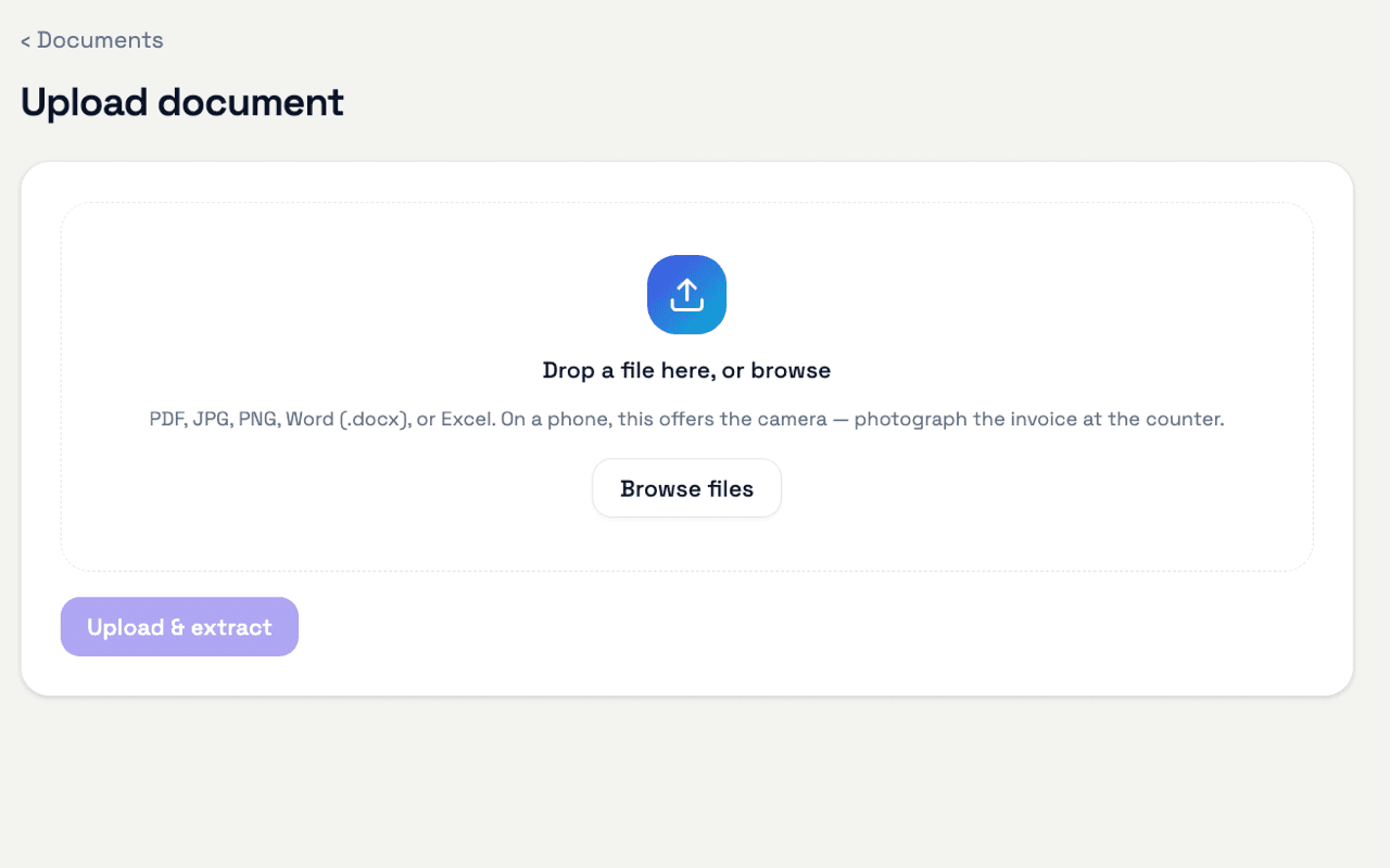 The Upload document screen, with a drop area that accepts a PDF, photo or spreadsheet.